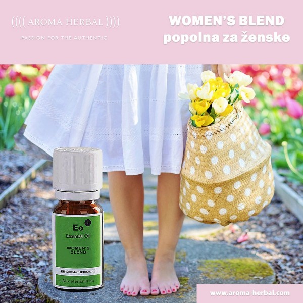 Women's blend je mešanica eteričnih olj za ženske, ki razstruplja, pomaga uravnavati hormone in pomirja. 